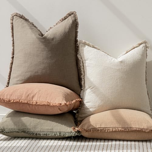 Decorative Linen Fringe Throw Pillow Covers 16×16 Light Brown (2 Count)