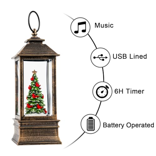 10'' Lighted Christmas Tree Cardinal Music Snow Globe Water Lantern with Swirling Glitter Decoration for Christmas Home