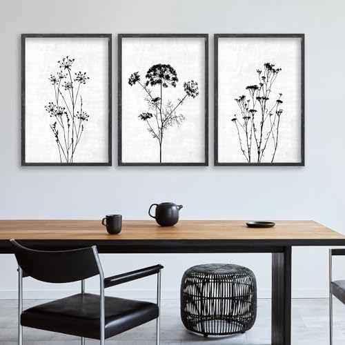 Flower Plant Wall Art Decor 24"x16" Set of 3 Black And White (3 Count)