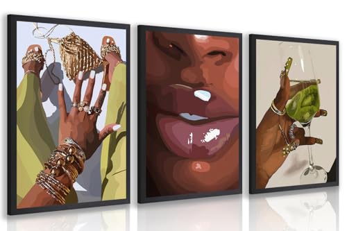 Wood Framed Fashion Black Woman Wall Art Set of 3 (3 Count)