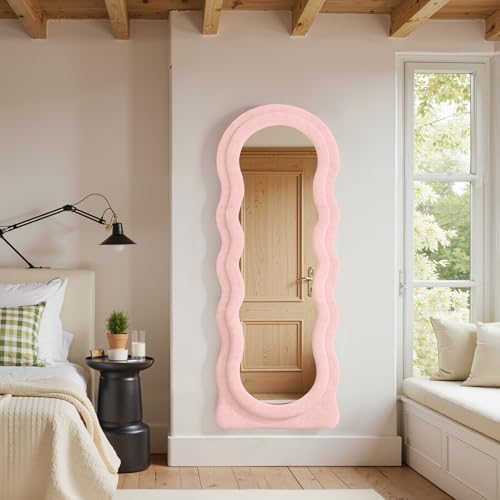 Full Length Mirror 63"x24" Irregular Wavy Full Body Wall Mounted Floor Mirror with Stand Pink Flannel Frame Leaning Hanging Wall for Bedroom Entrance Hallway