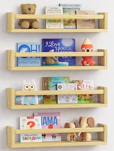 Natural Wood Nursery Book Shelves Wall Mounted (4 Count)