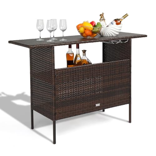 Wicker Outdoor Bar Table with 2 Steel Shelves