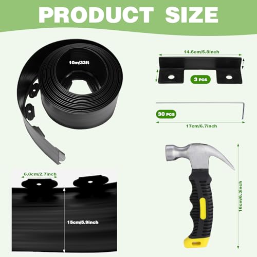 6 Inch Tall 33 ft Length No Dig Landscape Plastic Edging Kit with Hammer Spikes Plastic Garden Flower Bed Edging Landscape Edging Border for Gardens Border Lawn Grass Yard