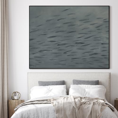 46"x60" Extra Large Framed Wall Art Gray School of Fish Minimalist Ocean