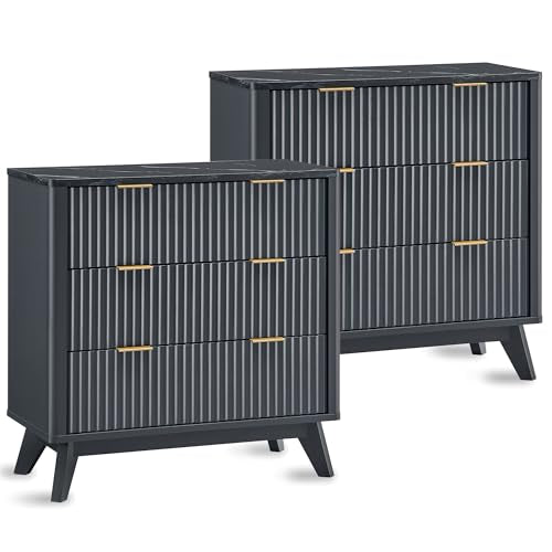 32" Large Fluted Nightstand with 3 Drawers Set of 2 (2 Count)