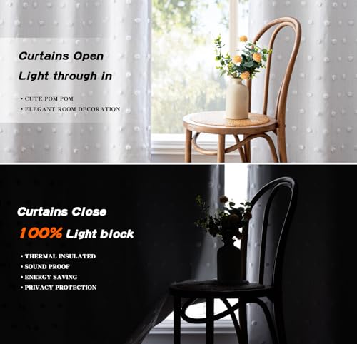 Blackout Curtains for Kids Bedroom 100% Light Block Out Thermal Insulated Curtain 72 Inches Grommet Room Darkening Curtains Privacy Window Drapes with White Pom Pom Sheers?2 PCS (50 Count)