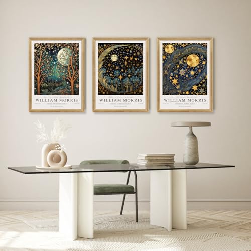 Wood Framed William Morris Moon Star Wall Art Set of 3