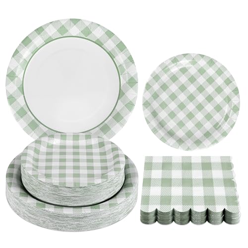 150Pcs Sage Green Gingham Paper Plates and Napkins Green Plaid Plates (150 Count)