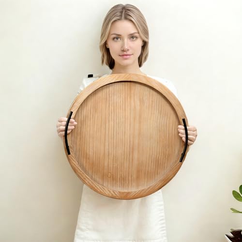 18Inch Brown Wooden Beaded Serving Tray with Handle Decorative Rustic Tray for Coffee Table Farmhouse Round Trays for Kitchen