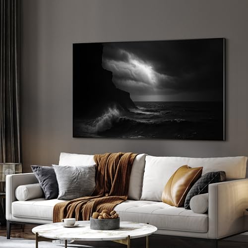 30"x60" Extra Large Framed Wall Art Dramatic Black and White Ocean Waves with Cliff and Stormy Sky for Home Living Room Bedroom Decor