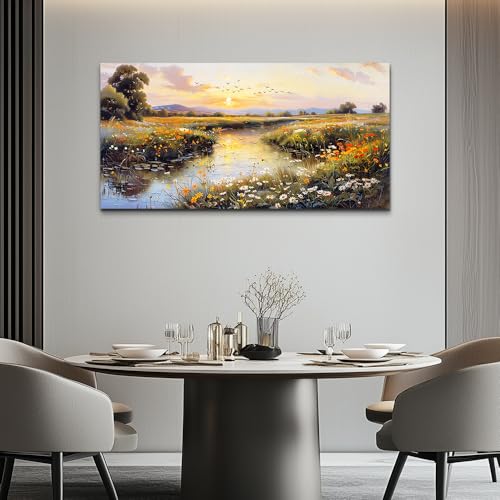 Canvas Wall Art For Bedroom Wall Decoration For Living Room Restaurant Office Decor Rivulet View Painting Farmhouse Field Scenery Watercolour Pictures Printing Artworks Home Decor 20x40In