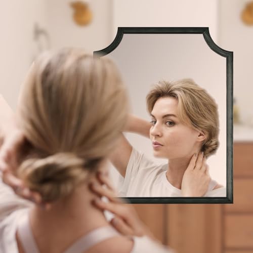 Scalloped Wood Mirror for Wall Decor 16x20 Inch Black Small Bathroom Vanity Rectangle Mirror for Hallway Bedroom Living Room