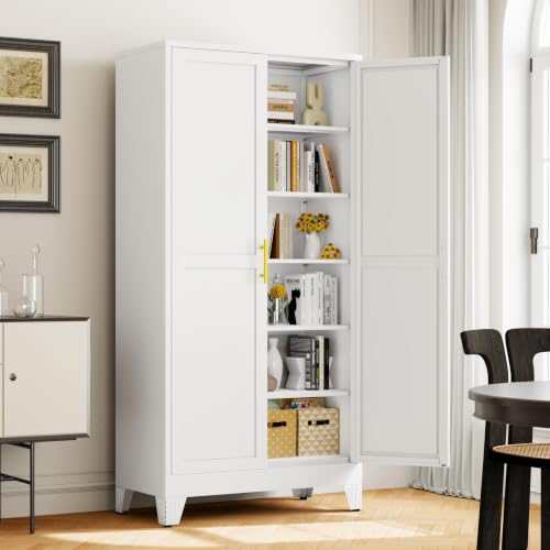 Metal Pantry Storage Cabinet with 2 Doors and 5 Adjustable Shelves