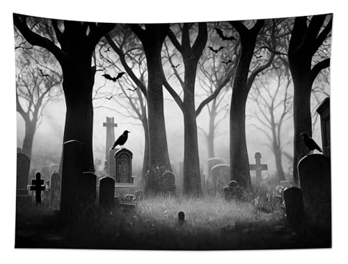 Spooky Halloween Cemetery Tapestry Scary Tombstone with Dead Trees Forest Tapestry Wall Hanging Horror Ghost Party Background Tapestry for Bedroom Living Room Dorm 92.5Wx70.9L Inches