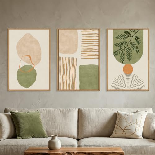 Boho Sage Green Geometric Framed Canvas Wall Art Set