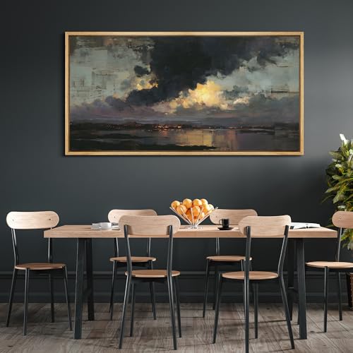Extra Large Framed Canvas Print Wall Art Misty Lake Landscape Antique Retro Fine Art Illustrations Decorative Colorful for Bedroom