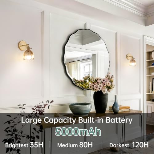 Vintage Battery Operated Wall Sconce with Amber Tulip Glass Lampshade 5000 mAh Rechargeable Battery Powered Wall Light with Remote Control for Bedside Bedroom Doorway (2 Count)