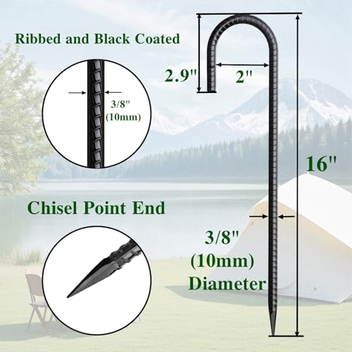 16 Inch Rebar Stakes J Hook 26 Pack Ground Stakes Heavy Duty Tent Stakes with Chisel Point End Chain Link Fence Stakes Galvanized Steel Ground Anchors Metal Spikes Black Coated (26 Count)