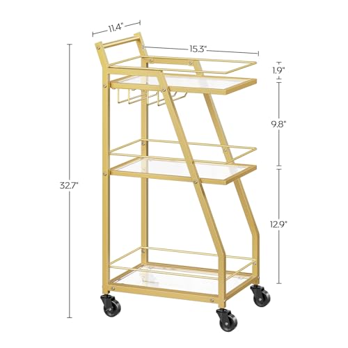 Bar Cart, 3-Tier Home Bar Serving Cart with Wheels, Drink Cart with Glass Holder, Beverage Cart, Rolling Kitchen Cart, for Home, Living Room, Transparent and Gold BC03GD