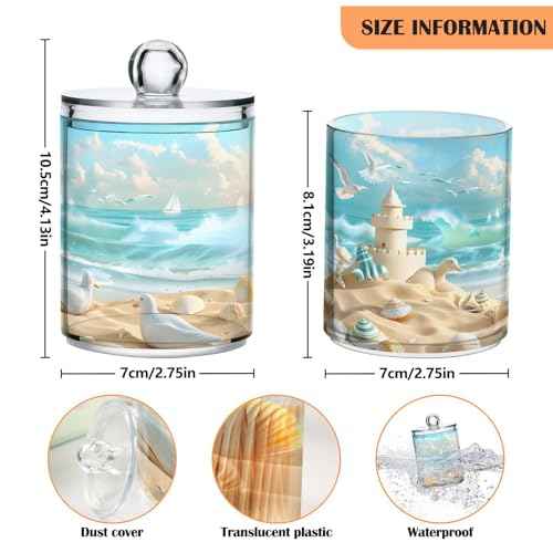 2 Pack Qtip Holder Organizer Dispenser Beach Sandcastles Seagulls Shells Bathroom Storage Canister Cotton Ball Holder Container for Cotton Pads (2 Count)