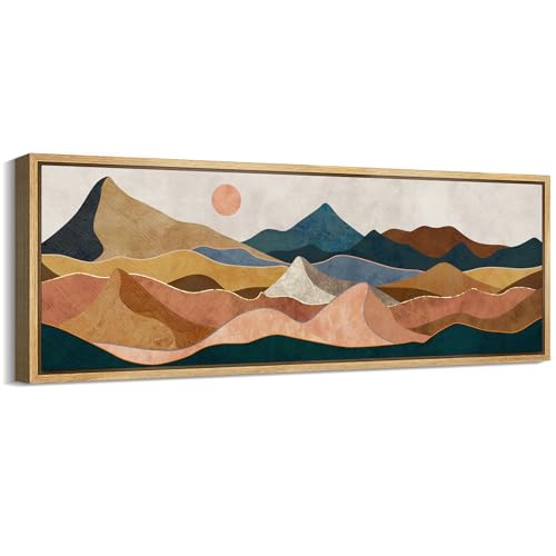 Large Framed Canvas Print Wall Art Desert Peaks Colorful Geometric Mountain Illustrations Antique Retro Fine Art Illustrations Decorative Colorful for Bedroom