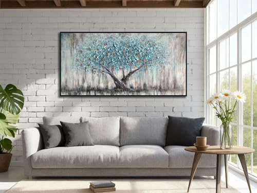Framed Blue Tree Canvas Wall Art Tree of Life Teal Living Room 40x20