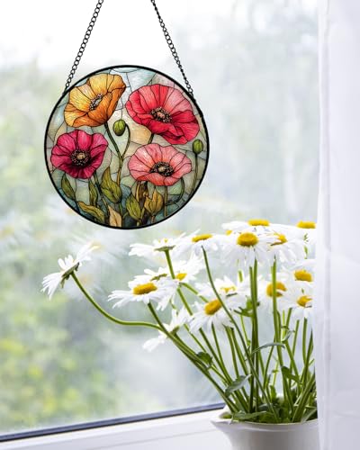 Poppy Flower Stained Glass Window Hanging Suncatcher Gifts for Women 12"