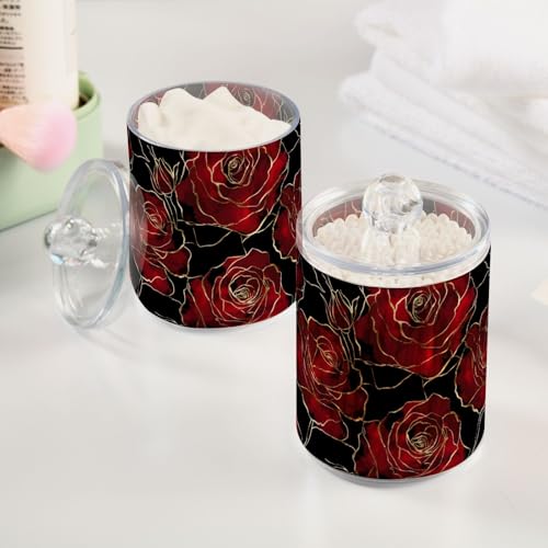 2 Pack Qtip Holder Organizer Dispenser Valentines Red Black Roses Bathroom Storage Canister Cotton Ball Holder Container for Cotton Pads (2 Count)