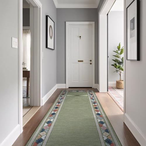 Outdoor Runner Rug 2x7 Modern Floral Bordered Area Rugs for Indoor and Outdoor Patio Easy to Clean Non Shedding Living Room Porch Garden Washable Outside Carpet (14 Sq Ft)
