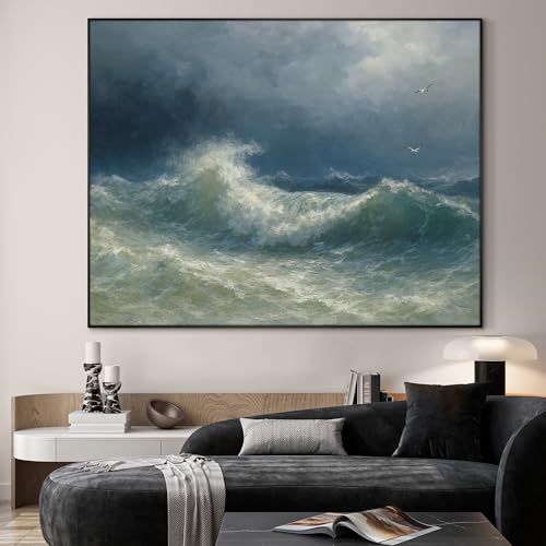 36"x46" Extra Large Framed Wall Art Dramatic Ocean Waves with Stormy Sky and Seagulls for Home Living Room Bedroom Decor