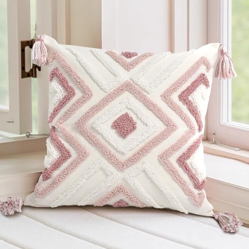 Boho Pillow Covers 18X18 Inch Boho Tufted Throw Pillow Covers Decorative Tassels Cushion Cover Farmhouse Pillow Case for Couch Sofa Bed Living Room Bedroom