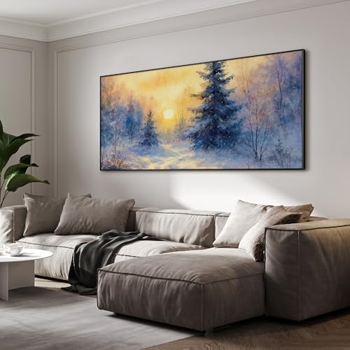 24"x46" Extra Large Framed Wall Art Winter Sunrise in Snowy Pine Forest Watercolor Style for Home Living Room Bedroom Decor