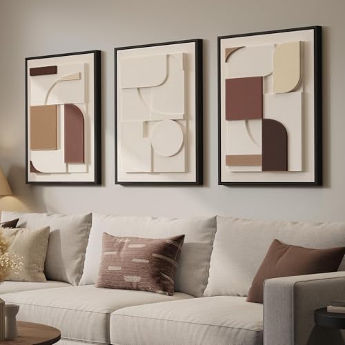 3D Textured Neutral Abstract Framed Wall Art Set of 3