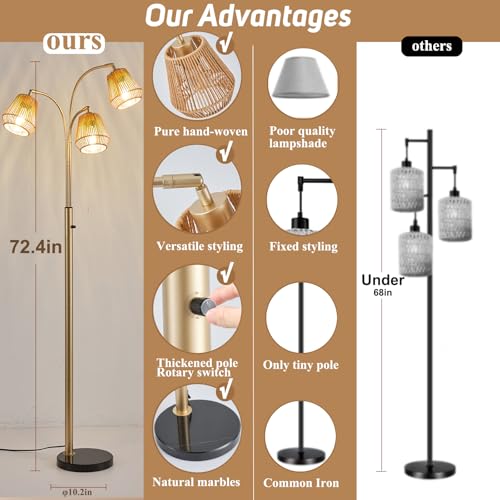 Gold Rattan Floor Lamp for Living Room (3 Count)