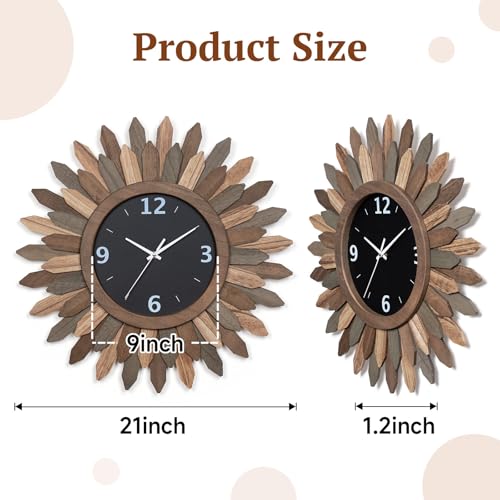Large Wall Clock Battery Operated 21 in Rustic Wood Boho Sunburst Decorative Wall Clock Silent Non Ticking Farmhouse Wall Clocks for Living Room Bedroom Kitchen Bathroom Decor