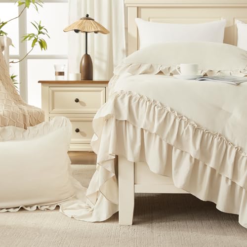 Beige Ruffle Comforter Set Queen Size