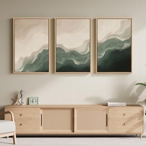 Large Framed Green and Beige Abstract Wall Art