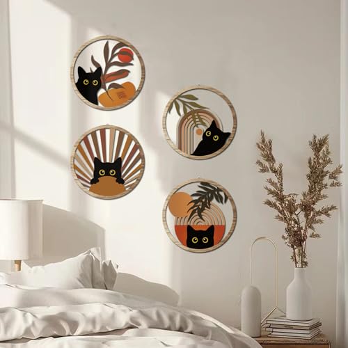 Boho Black Cat Wall Art Black Cat Room Decor Aesthetic (4 Count)