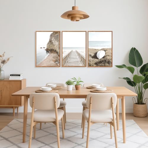 3 Pcs Neutral Beach Coastal Framed Canvas Wall Art 16x24 Inch