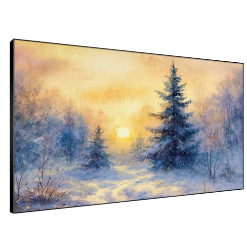 46"x72" Extra Large Framed Wall Art Winter Sunrise in Snowy Pine Forest Watercolor Style for Home Living Room Bedroom Decor