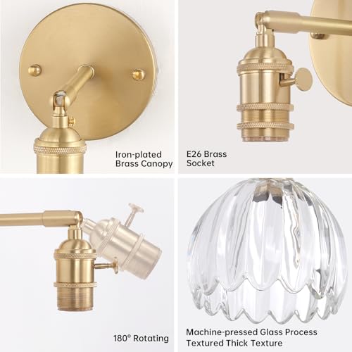 Vintage Battery Operated Wall Sconce with Clear Tulip Glass Lampshade 5000 mAh Rechargeable Battery Powered Wall Light with Remote Control for Bedside Bedroom Doorway (2 Count)