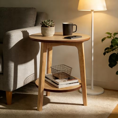 2 Tier Round Coffee Table Wood Nesting Side Table