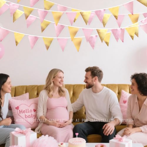 Pink Gold Party Decoration Metallic Fabric Light Pink Gold Triangle Pennant Banner Flag Bunting Garland for Women Girl Birthday Retirement Graduations Bridal Shower Wedding Baby Shower Party Supplies (36 Count)