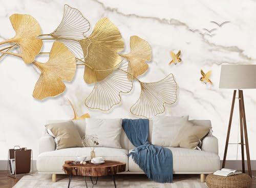 Golden Ginkgo Leaves Wall Mural Fake Marble Wallpaper
