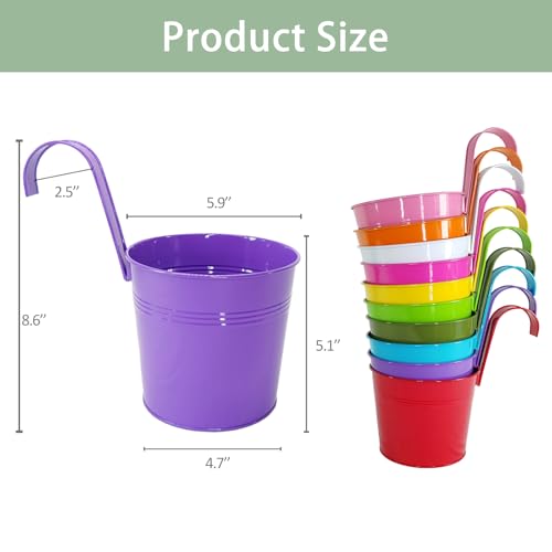 10 Pack 6" Colorful Metal Hanging Railing Planters with Detachable Hooks (10 Count)
