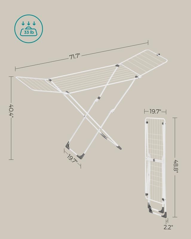 SONGMICS Clothes Drying Rack, Metal Laundry Drying Rack, Foldable, Space-Saving, Free-Standing Airer, with 2 Gullwings, Indoor Outdoor Use, Bed Linen Clothing, White ULLR540W01 - NestledHome