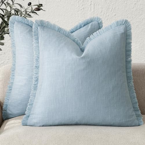 Decorative Linen Fringe Throw Pillow Covers 18×18 Light Blue (2 Count)