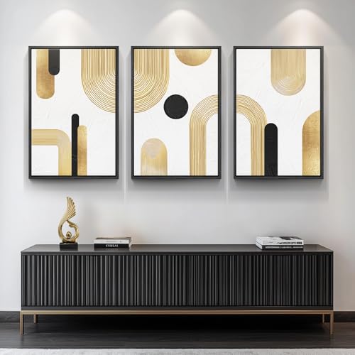 Large Framed Gold Abstract Geometric Wall Art for LIving Room (3 Count)