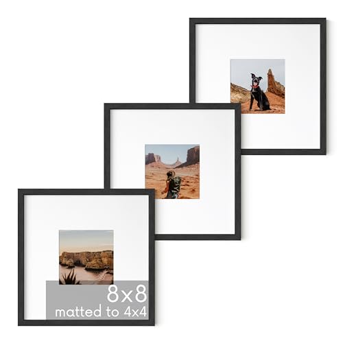 Solid Oak Wood 8”x8” Picture Frames Matted to 4”x4” Set of 3 (3 Count)